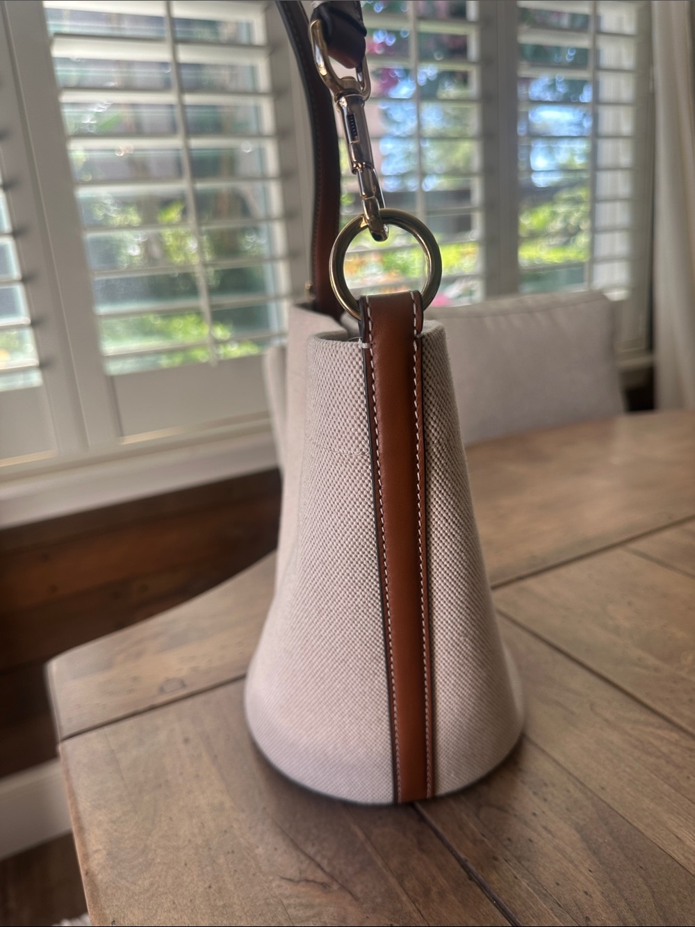 Tory Burch Light Beige Canvas Bucket Bag with Brown Leather Trim - Picture 7 of 10